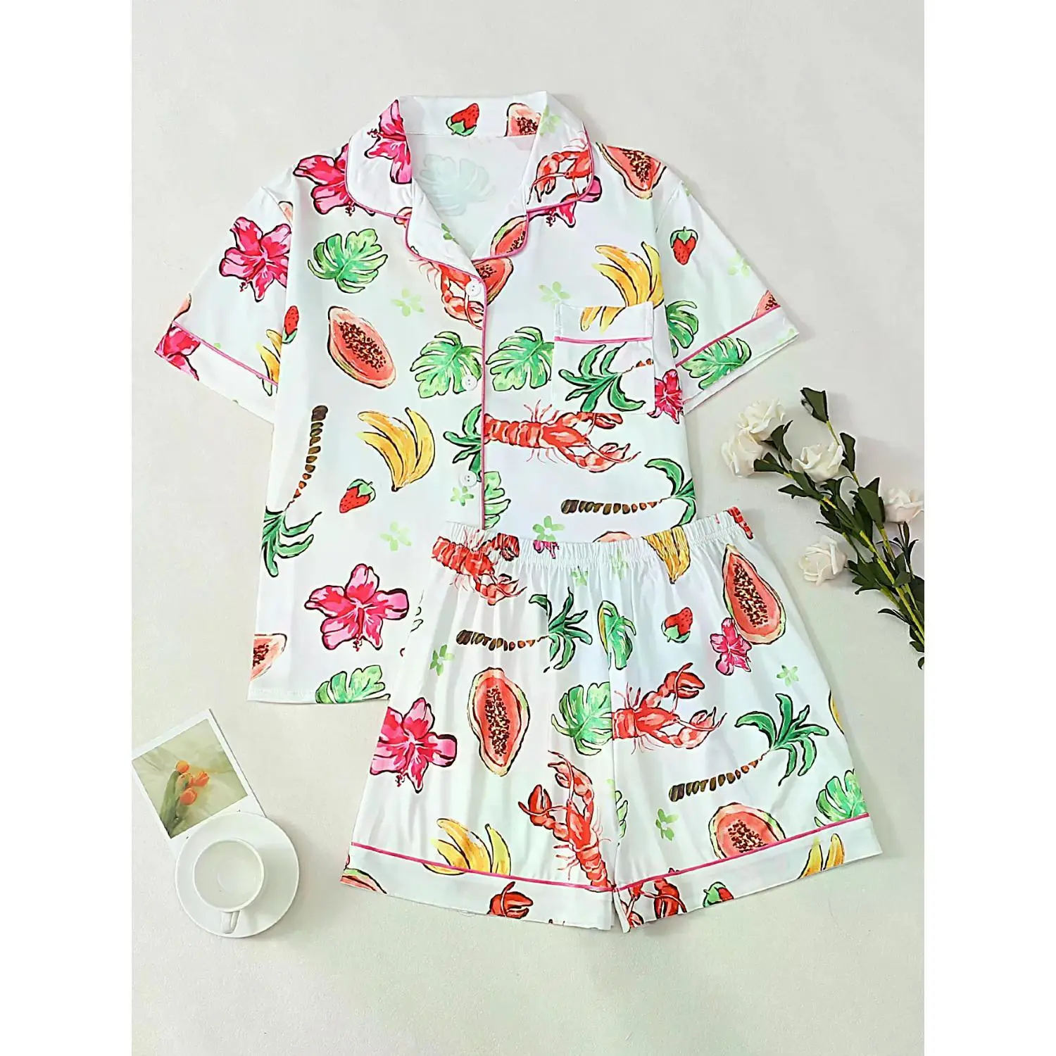 Women's Fruit Print Pajama Set - Short Sleeve Top & Breathable Shorts, Comfortable Sleepwear for Daily Use