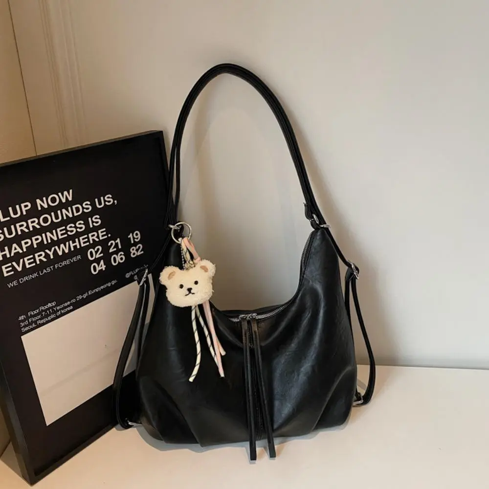 Retro Black Soft Leather Crescent Hobo Bag with Bear Pendant - Y2K Aesthetic Crossbody Purse, Gym-Style Shoulder Bag for Students, Everyday Use summerwins, Crossbody Bag, Everyday Bag
