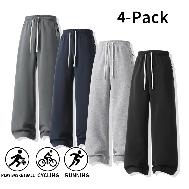 Men's 4-Pack Wide Leg Sweat Pants Elastic Drawstring Athletic Joggers with Zipper Side Pockets Loose Basketball Running Cycling Casual Lounge Trousers Fall Winter Daily Outfit (optional four-pack or two-pack).