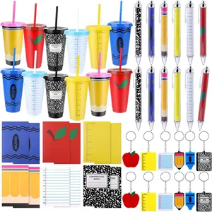 Kochorie 12 Set Teacher Appreciation Gifts Bulk Teacher Valentine Gifts Reusable 24 oz Plastic Tumblers with Lids & Straws Notebooks Pens Keychains for Teachers Appreciation Party Favor