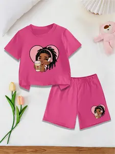 2-Piece Set, Girls' Fashionable & Cute Crew Neck Short Sleeve T-Shirt & Shorts, Featuring Heart Coffee Girl Pattern Print, A Must-Have For Summer Casual Daily Outfits, Gifts For Girls