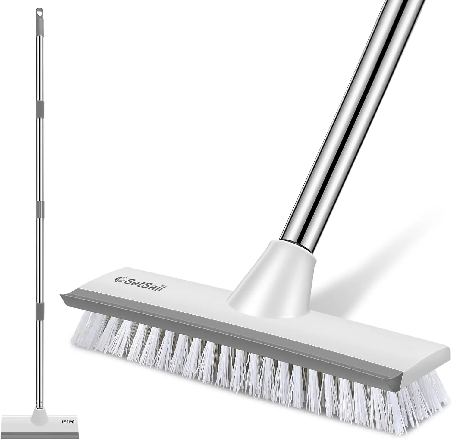 2-in-1 Rectangular Plastic Scrub Brush with 26.5"-51" Adjustable Long Handle, Stiff Bristle Floor Scrubber with Scraper for Cleaning Bathroom, Home Supplies (Guaranteed Satisfaction, Repair or Replacement Support)