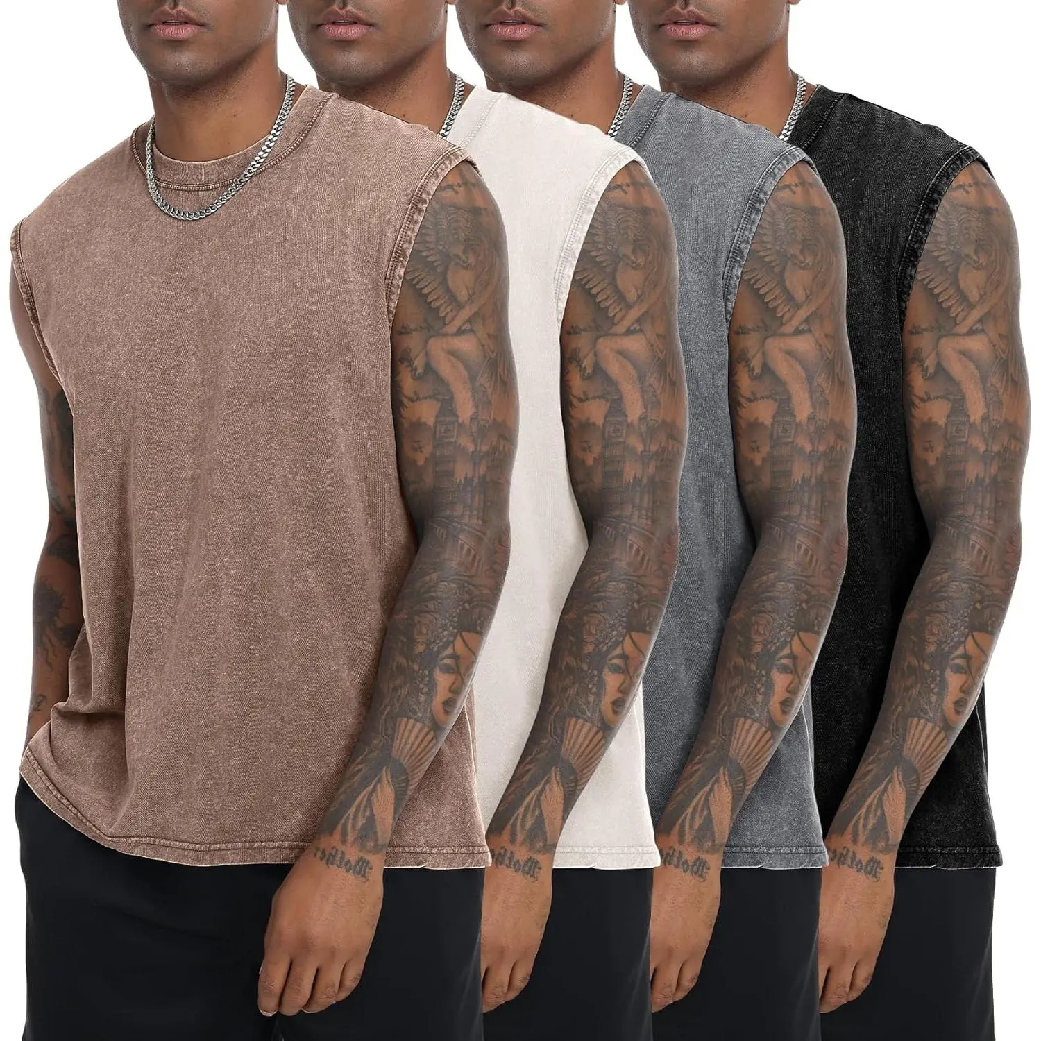 1/4 Pack Oversized Tshirts Unisex Gym Vintage Heavyweight T Shirts Cotton Workout Acid Wash Baggy Tees Menswear Sleeveless Shoe Biker