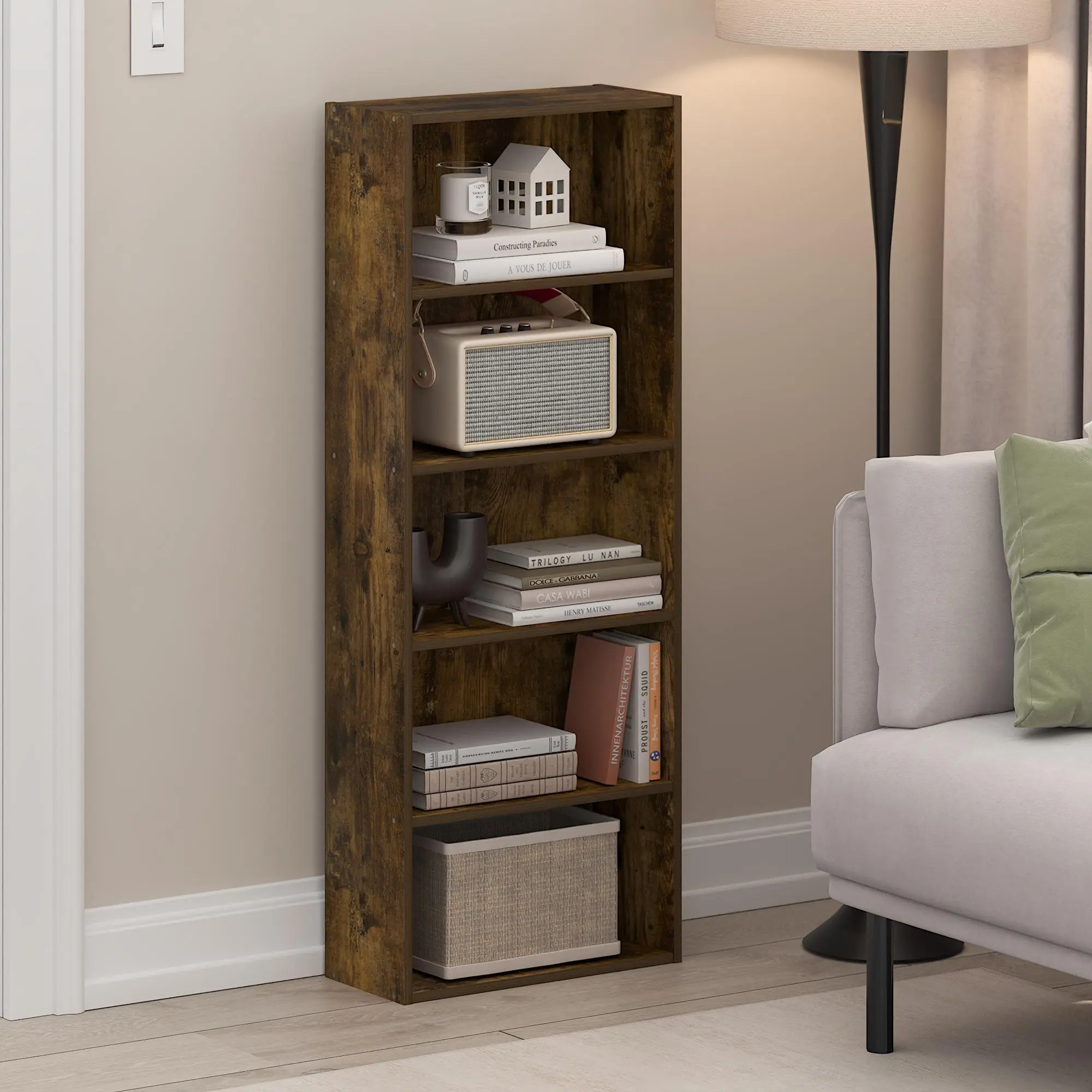 Modern Bookshelf, 5-Tier Minimalist Space-Saving Slim Composite Wood Cube Shelf with Sturdy Base, 7.3(d)x16.6(w)x43.7(h)in Open Shelving Unit for Living Room, Bedroom, Contemporary, Assembly Required