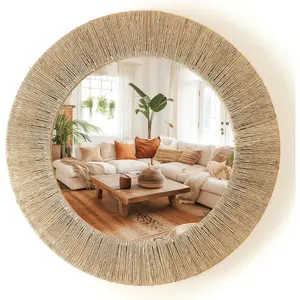 24 Inch  Jute Mirror, Wall Mounted Round Mirror with Metal Frame, Wall Decor Rustic Farmhouse Boho Decor Accent for Bathroom, Bedroom, Living Room, or Entryway