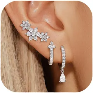 Sterling Silver Earrings Set for Women, Small S925 Hypoallergenic Earring Stacks, Dainty Stud Earrings for Sensitive Ears—Trendy 2025