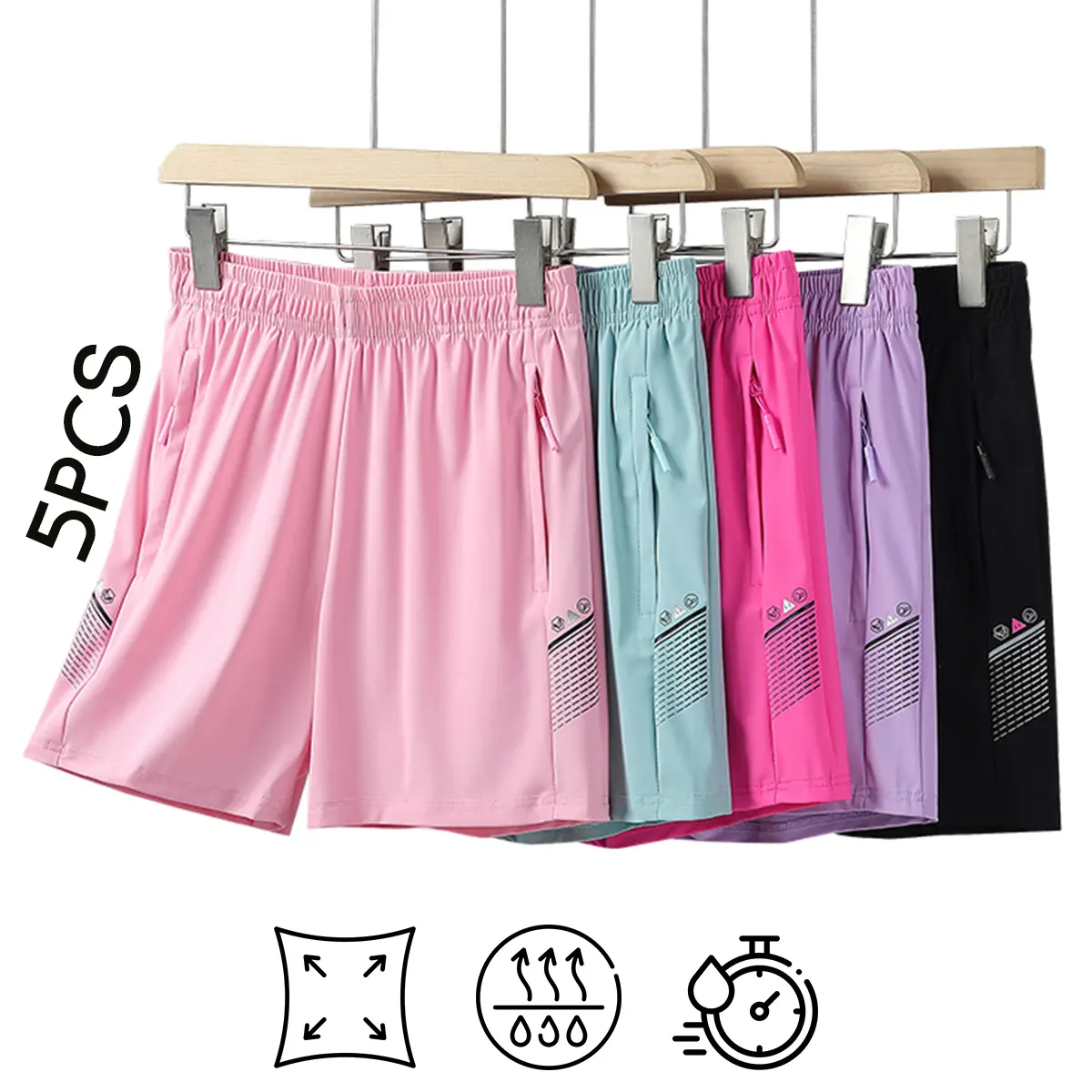 5 Pack Women's Quick Dry Athletic Shorts with Zipper Pockets, High Waist Workout Running Shorts, Breathable Gym Sports Shorts for Yoga & Training