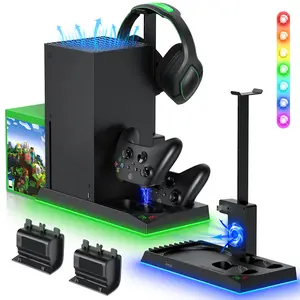 RGB Charging Stand with Cooling Fan for Xbox Series X Console &Controller,Dual Charger Station Cooler System Accessories with 15 RGB Light,2x1400mAh Rechargeable Battery,Headphone stand,Game Disc Slot