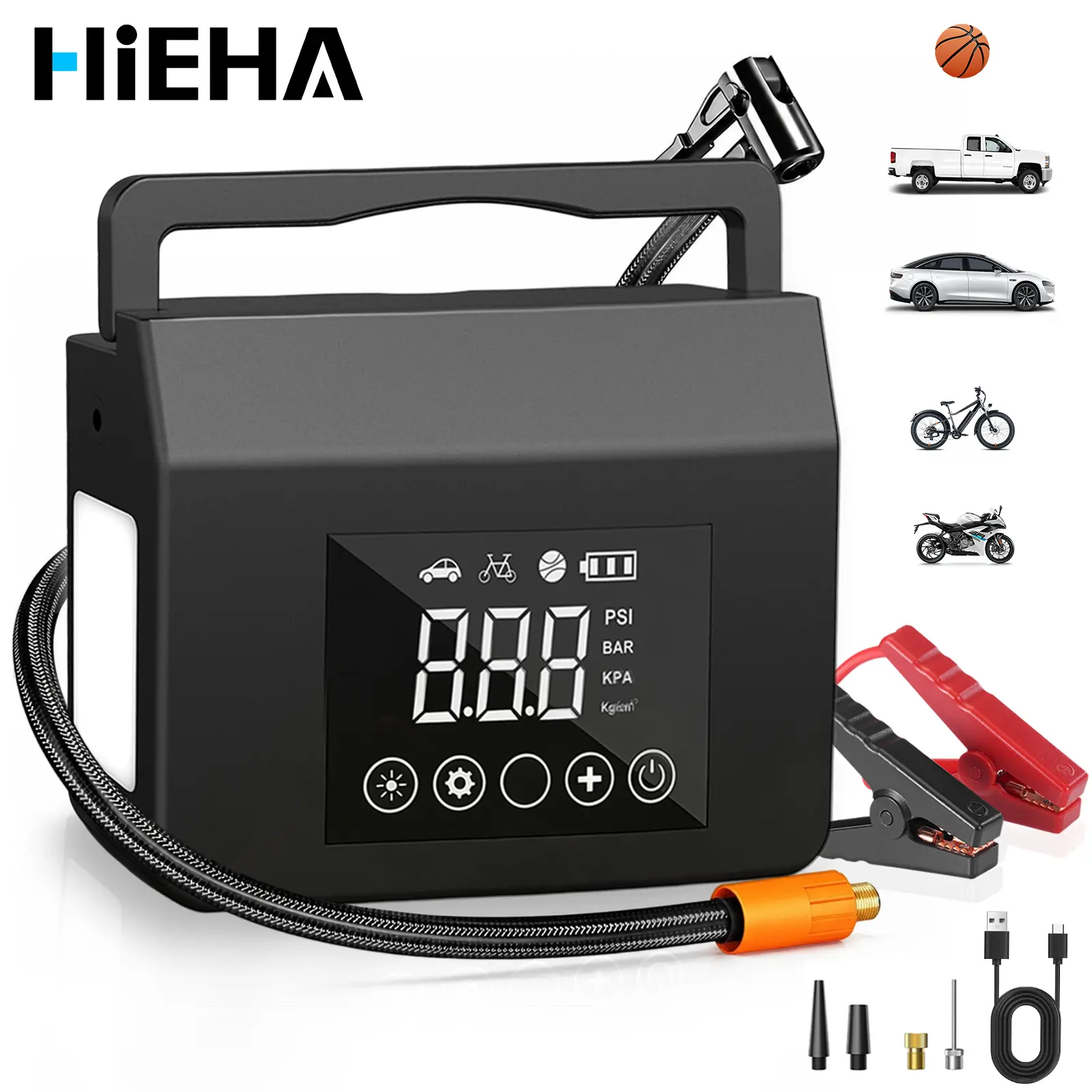 【HiEHA】2026 Portable Car Jump Starter, 4000A Car Battery Jump Starter with 150PSI Tire Inflator, 15000mAh Power Bank, with LED Light, 4-in-1 Multifunctional 12V Car Battery Jump Starter for Car Motorcycle Bike Balls Motorboat, fathersdaygift tiktokshopbac