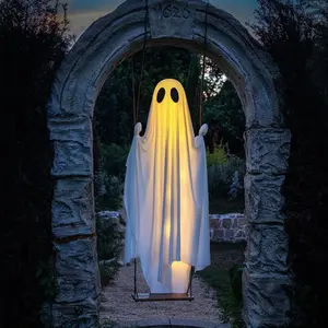 Halloween Hanging Ghost - 5FT Large Swinging Ghost Fabric Decoration with Wooden Base - for Outdoor Yard, Front Porch & Tree Hanging - Spooky Holiday Gift for Neighbors, Friends & Family