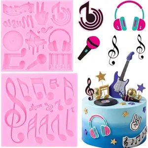 Music Theme Fondant Mold Musical Notes Piano Silicone Molds Musical Keyboard Microphone Molds Music Notes Lace Mat For Sugar Cake Decorating Cupcake Topper Candy Chocolate Gum Paste Set Of 2