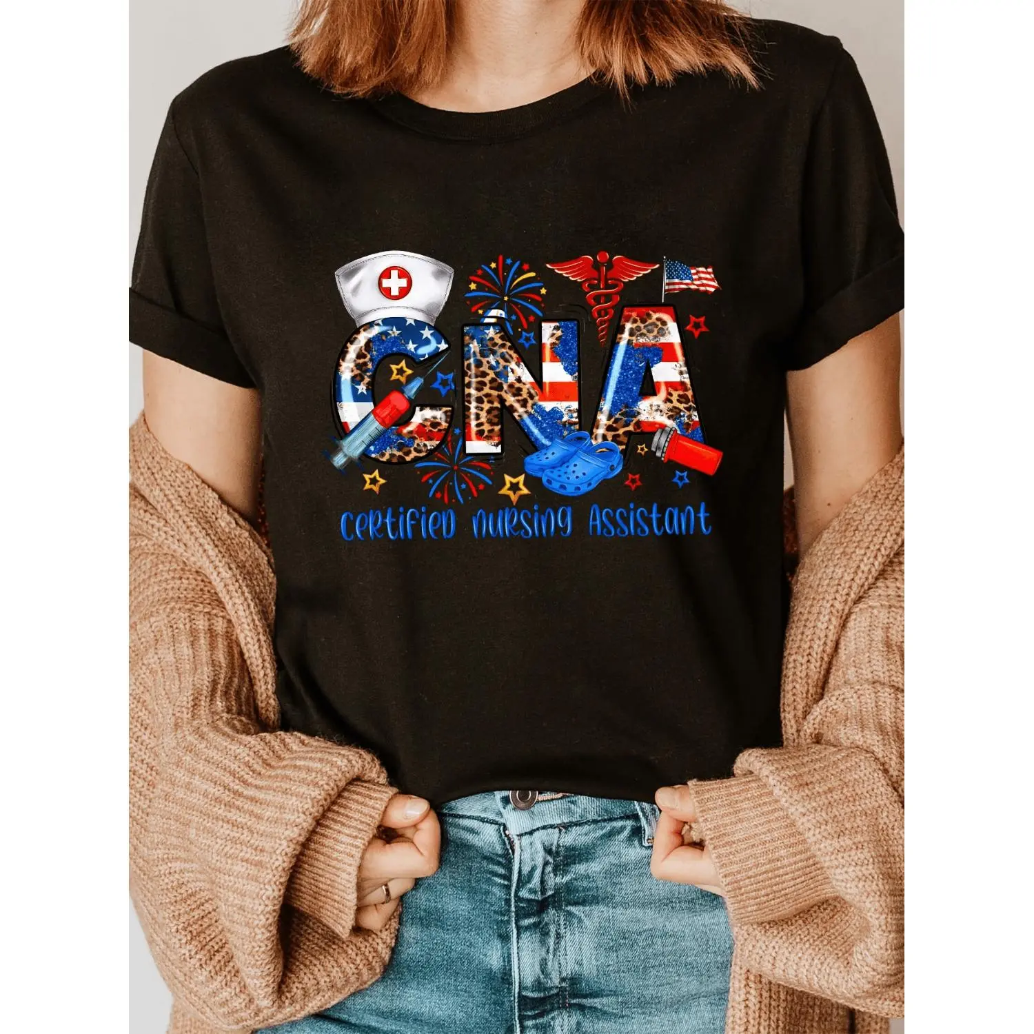 Summer t Shirts Women's CNA Certified Nursing Assistant T-Shirt - Short Sleeve Crew Neck Top with CNA Lettering, Attire for Healthcare Professionals, Machine Washable Casual Tee for Nursing Assistants, Year-Round Wearable Career Apparel
