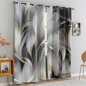 2-piece set    Floral printed semi-transparent curtains, perforated curtains, suitable for living room, bedroom and home decoration. Hand washable, hookless