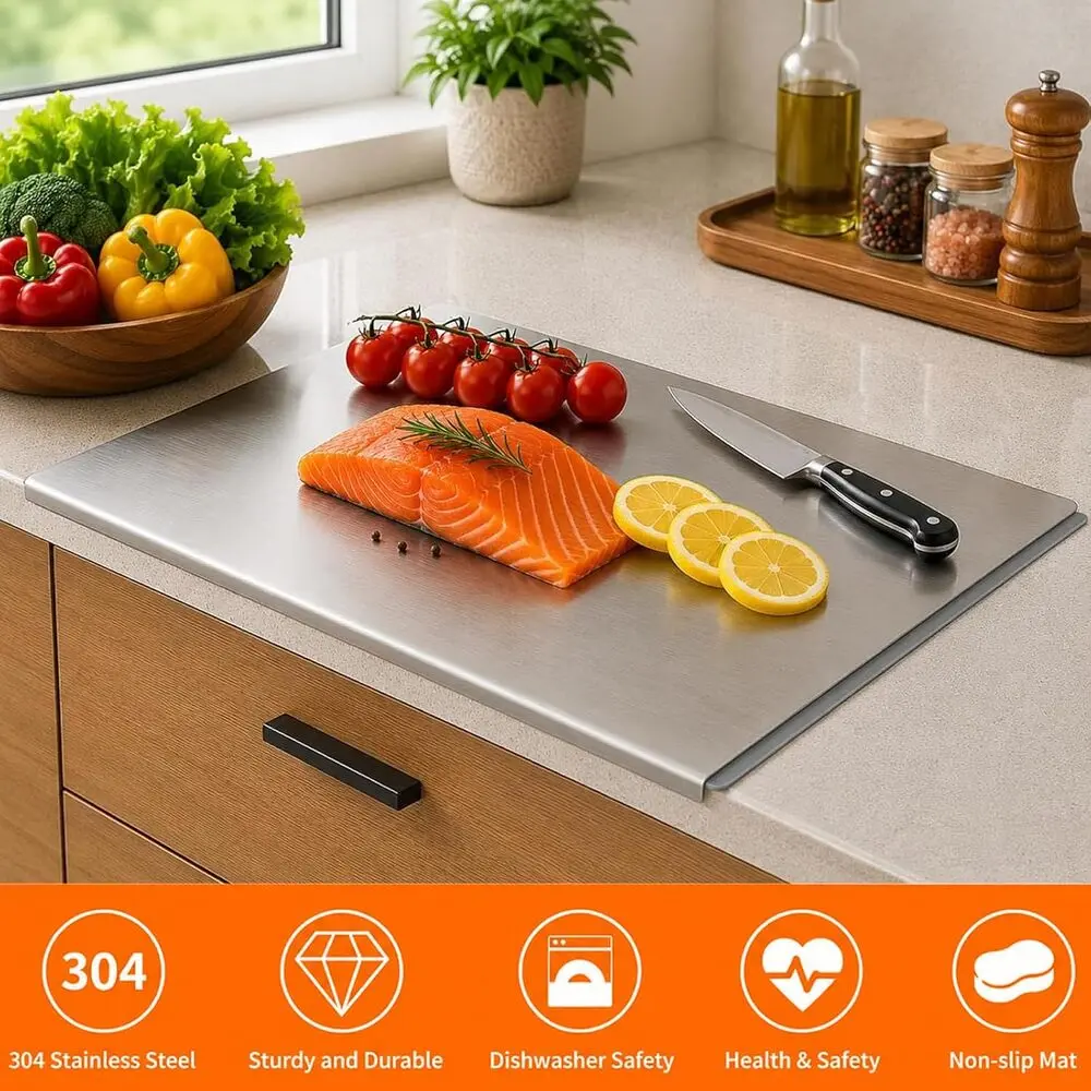 Silicone-Coated Anti-Germ Stainless Steel Chopping Board - Non-Slip Kitchen Gadget for Household Food Prep, Golf & Sports Outdoor Use, Smooth Surface, Dishwasher Safe