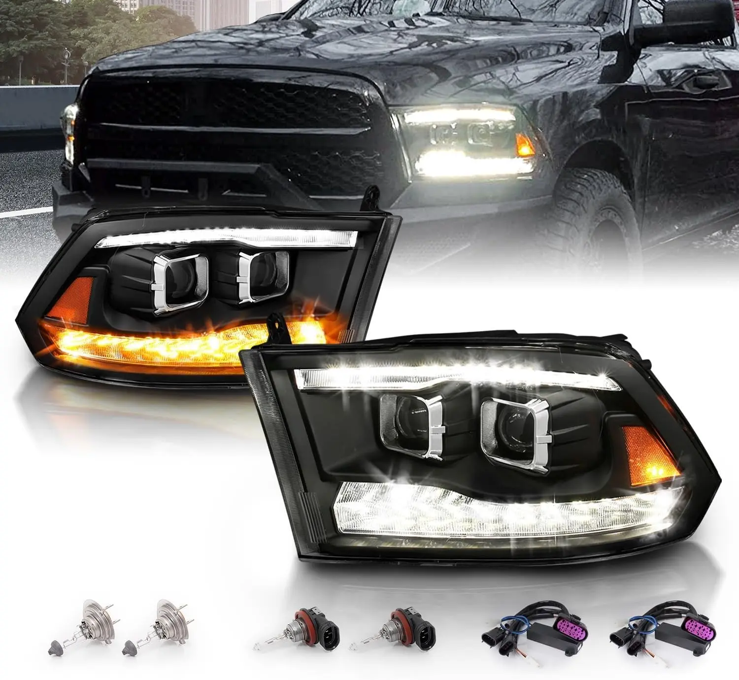 AmeriLite for 2009-2018 Dodge Ram 1500 2500 3500 [BOTH Model] Upgraded Projector Switchback LED Tube Black Headlights Assembly Pair - Passenger and Driver Side