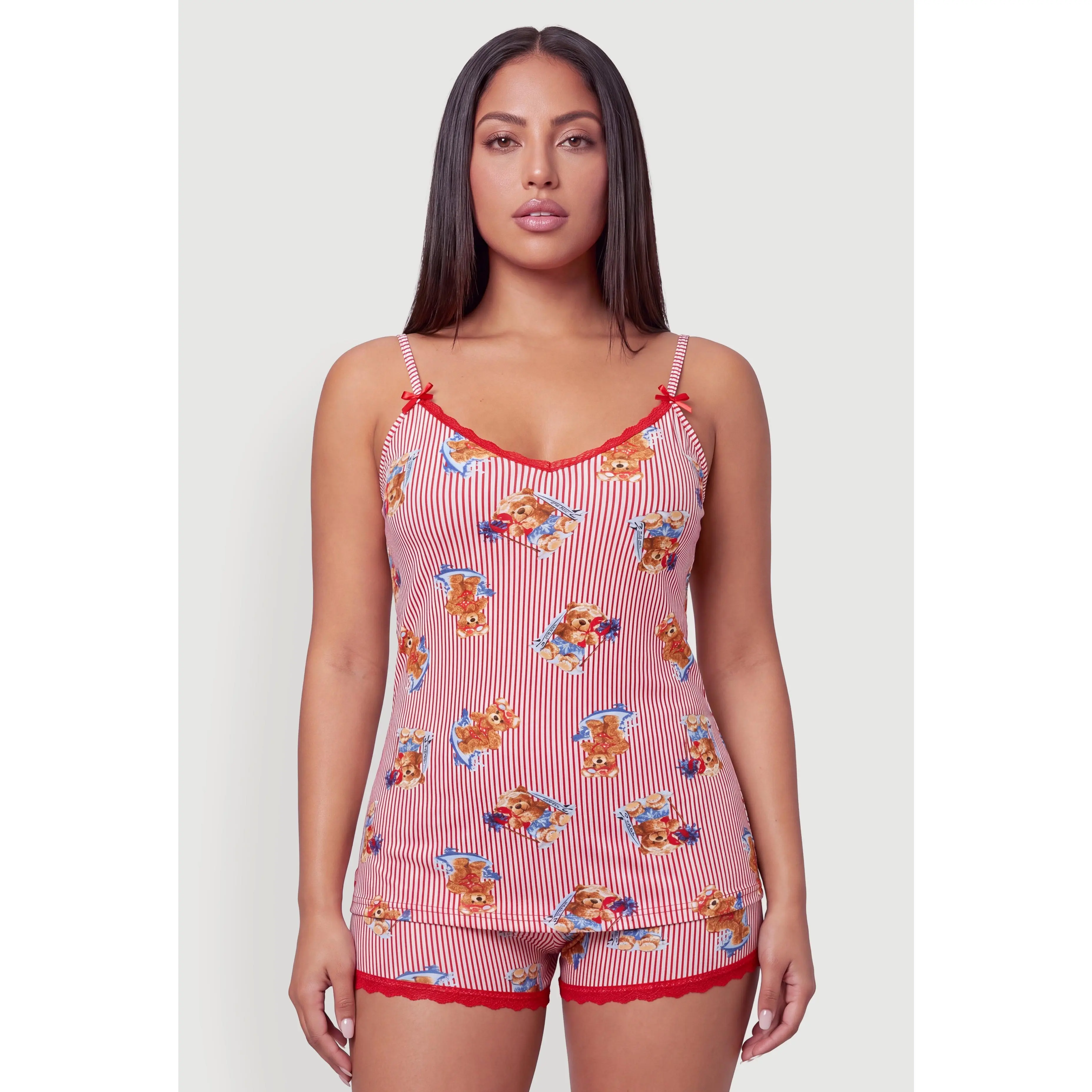 Plus Size Striped Teddy Bear Graphic Pajama Cami and Shorts