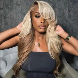 Megalook 100% Human Hair 180% Density 13x6 Glueless Lace Frontal Wig Blonde And Brown Ombre Glueless Wigs Loose Body Wave With Drawstring Band