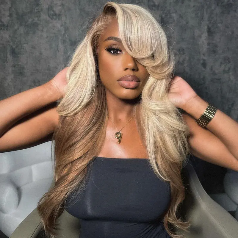 Megalook 100% Human Hair 180% Density 13x6 Glueless Lace Frontal Wig Blonde And Brown Ombre Glueless Wigs Loose Body Wave With Drawstring Band