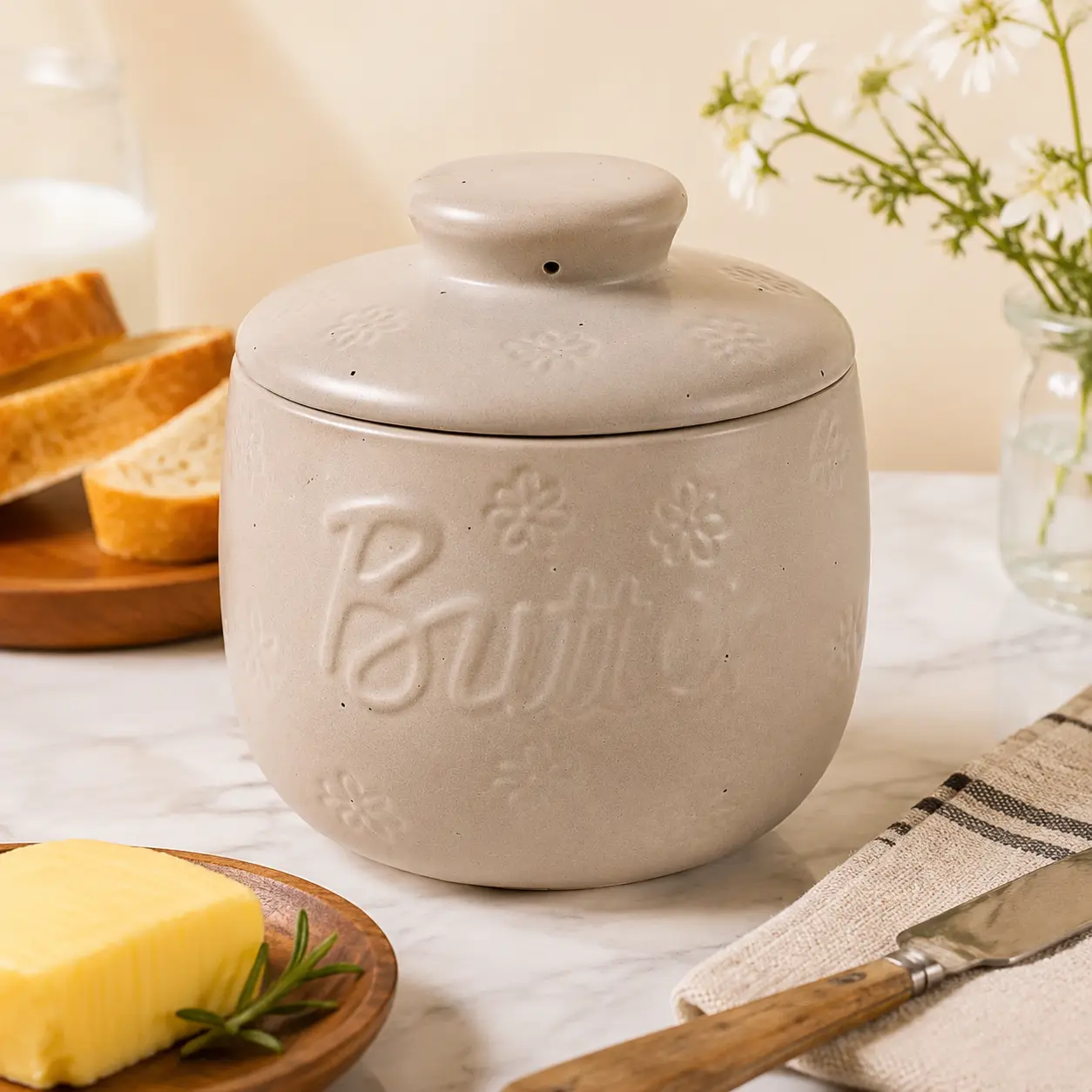 Ceramic Butter Keeper with Lid, Farmhouse Butter Crock for Countertop, Fresh Butter Storage Container, Decorative Kitchen Butter Dish, Easy to Clean