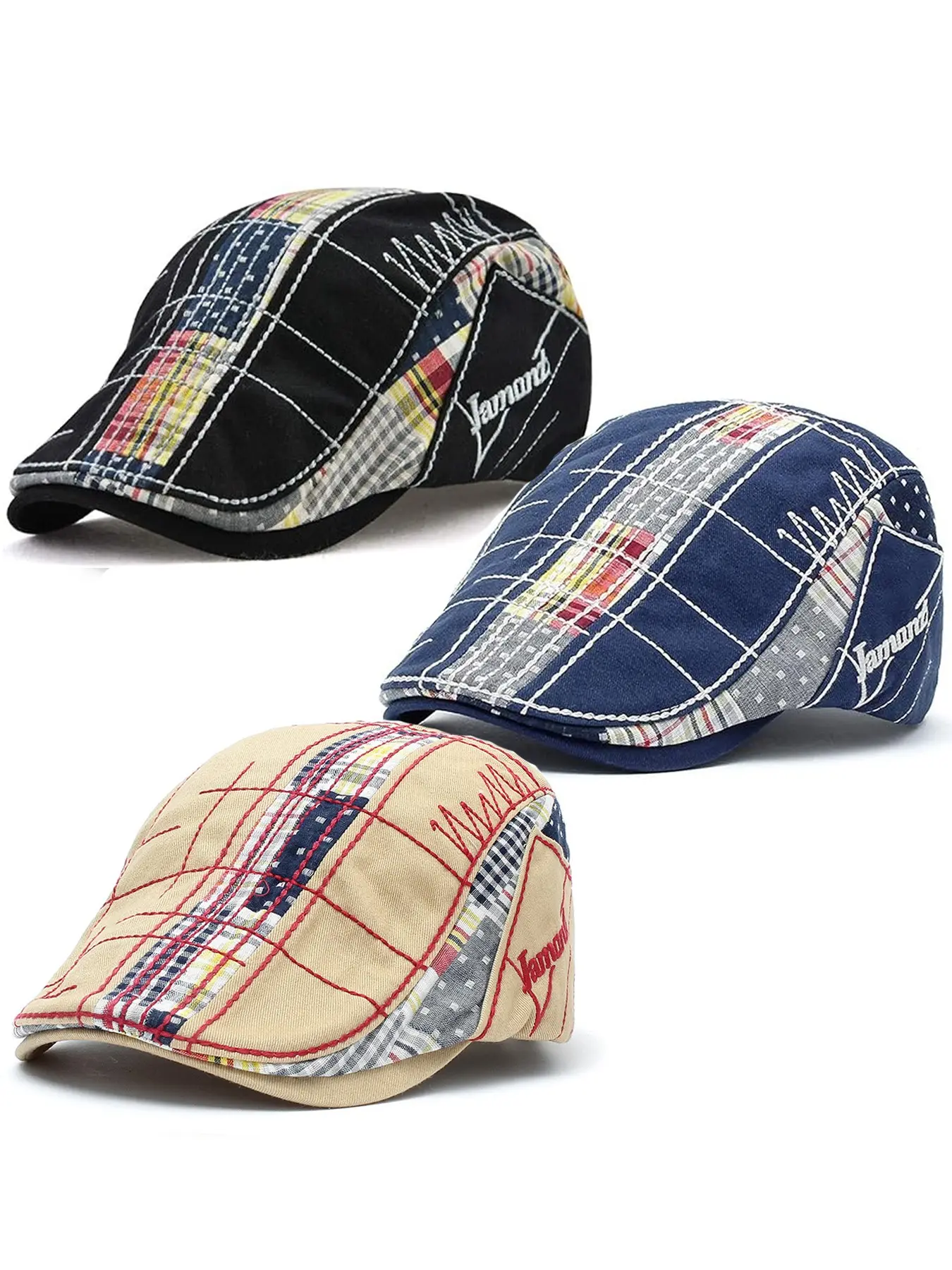 3 Pack Men Beret Hat Patchwork Newsboy Hats Adjustable Cabbie Hats for Men Flat Cap for Driving Hunting Fishing Outdoor Activities Adjustable Stylish Hat Fitted Hat Flat Bill Hat