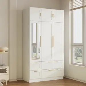 FUFU&GAGA 86.7" Tall White Freestanding Wardrobe Armoire with Mirror Door, 4 Drawers and Hanging Rod, Large Closet Storage Cabinet for Bedroom