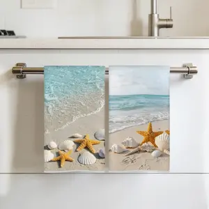 2pcs Beach Shell Starfish Pattern Microfiber Kitchen Towels, 40x60cm, Single-Sided Print, Dish Drying, Bathroom Hand Wiping, Party Decor, Coastal Shell Towel