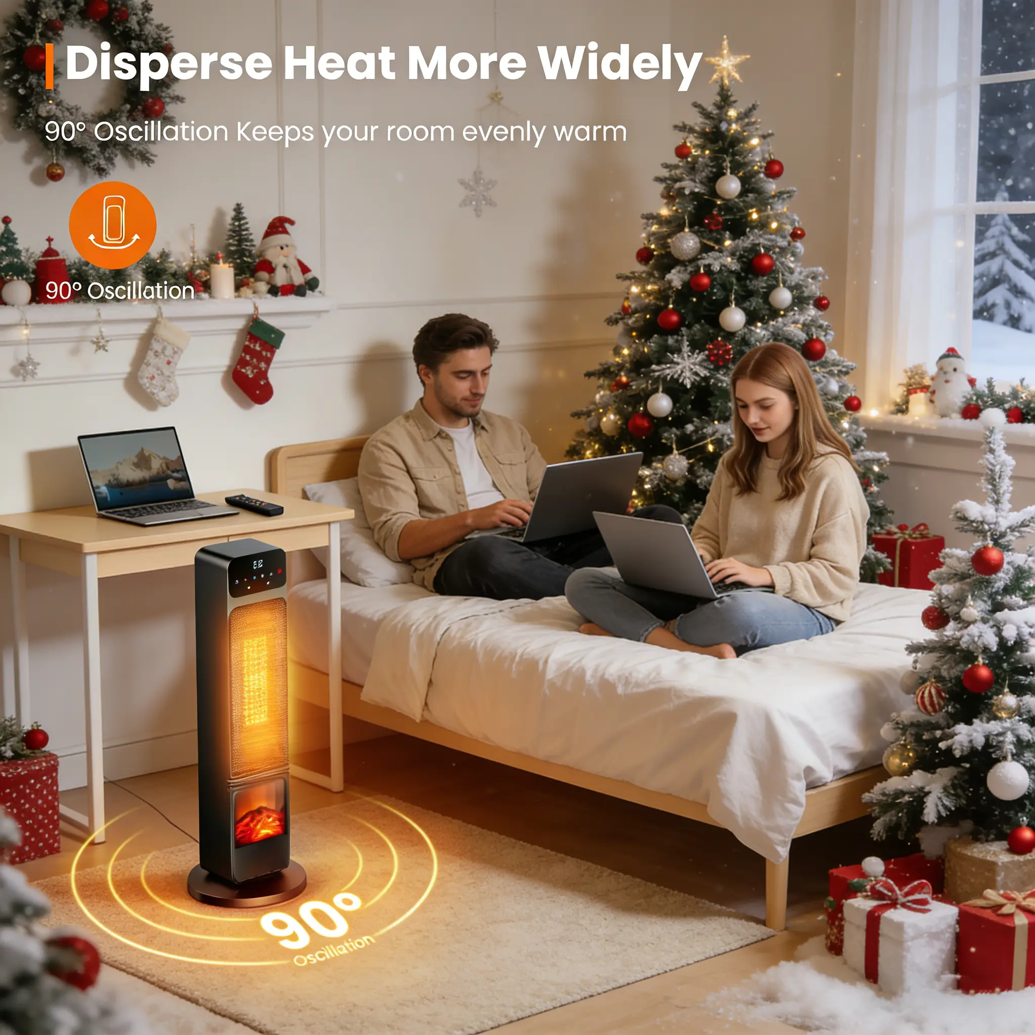 Indoor Electric Tower Heater with 3D Flame, 750W/1500W Heater-Fan Combo, 90° Oscillation, Child Lock, Eco Mode, 12h Timer, Remote Control for Home & Office