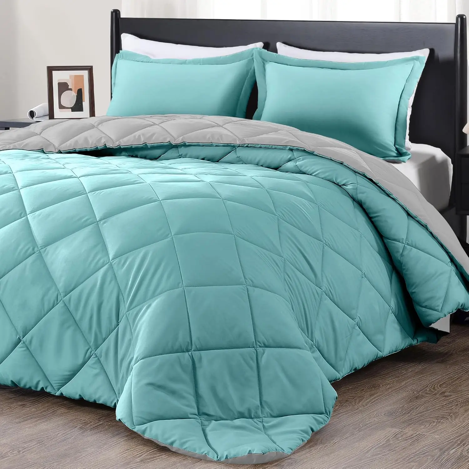 King Size Comforter - Turquoise and Grey King Comforter, Sets for Seasons -3 - 1 Comforter (104"x92") and 2 Pillow Shams(20"x36")
