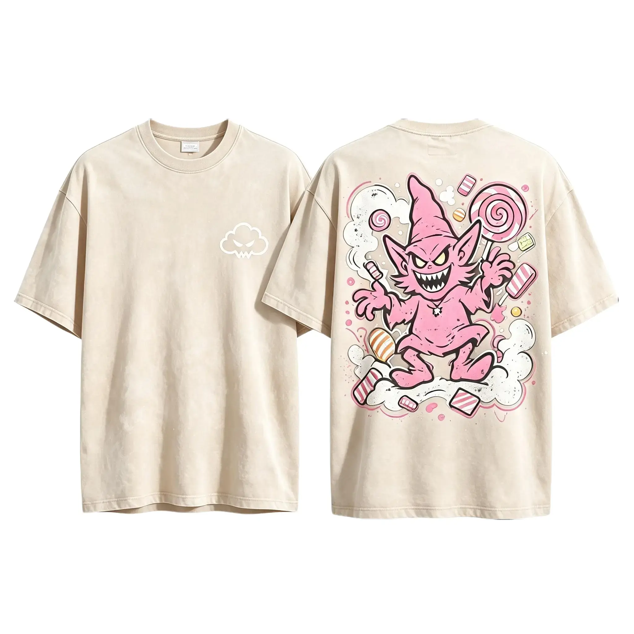 Vintage washed cotton t-shirt,Pink candy goblin cartoon graphic,Front back dual print,Oversized loose fit,Gothic streetwear,Punk casual top,Youth daily outfit,Party outdoor apparel,Printed pattern t-shirt,Unisex couple t-shirt.