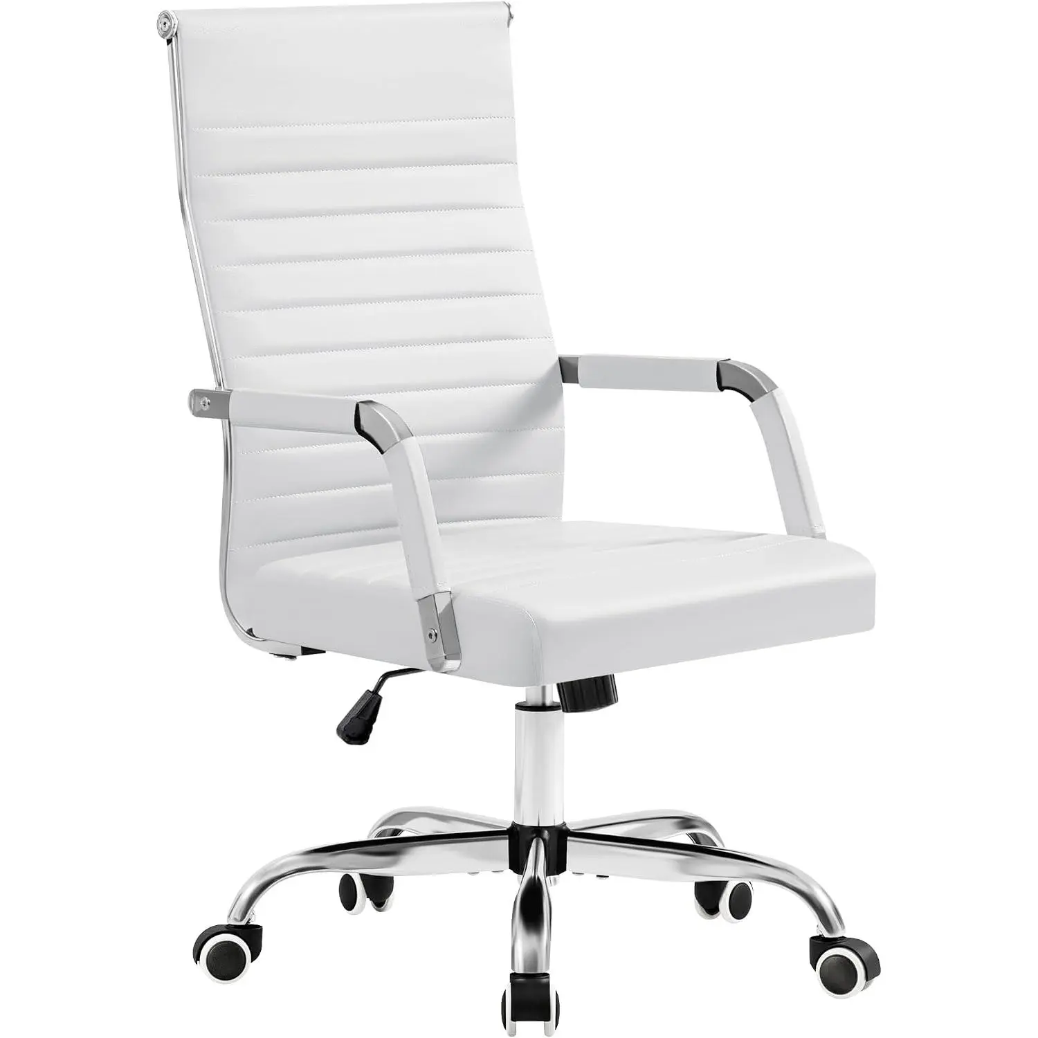 Modern Mid Back Office Desk Chair, PU Leather Ribbed Ergonomic Executive Conference Chair, Adjustable Swivel Task Chair with Arms, White