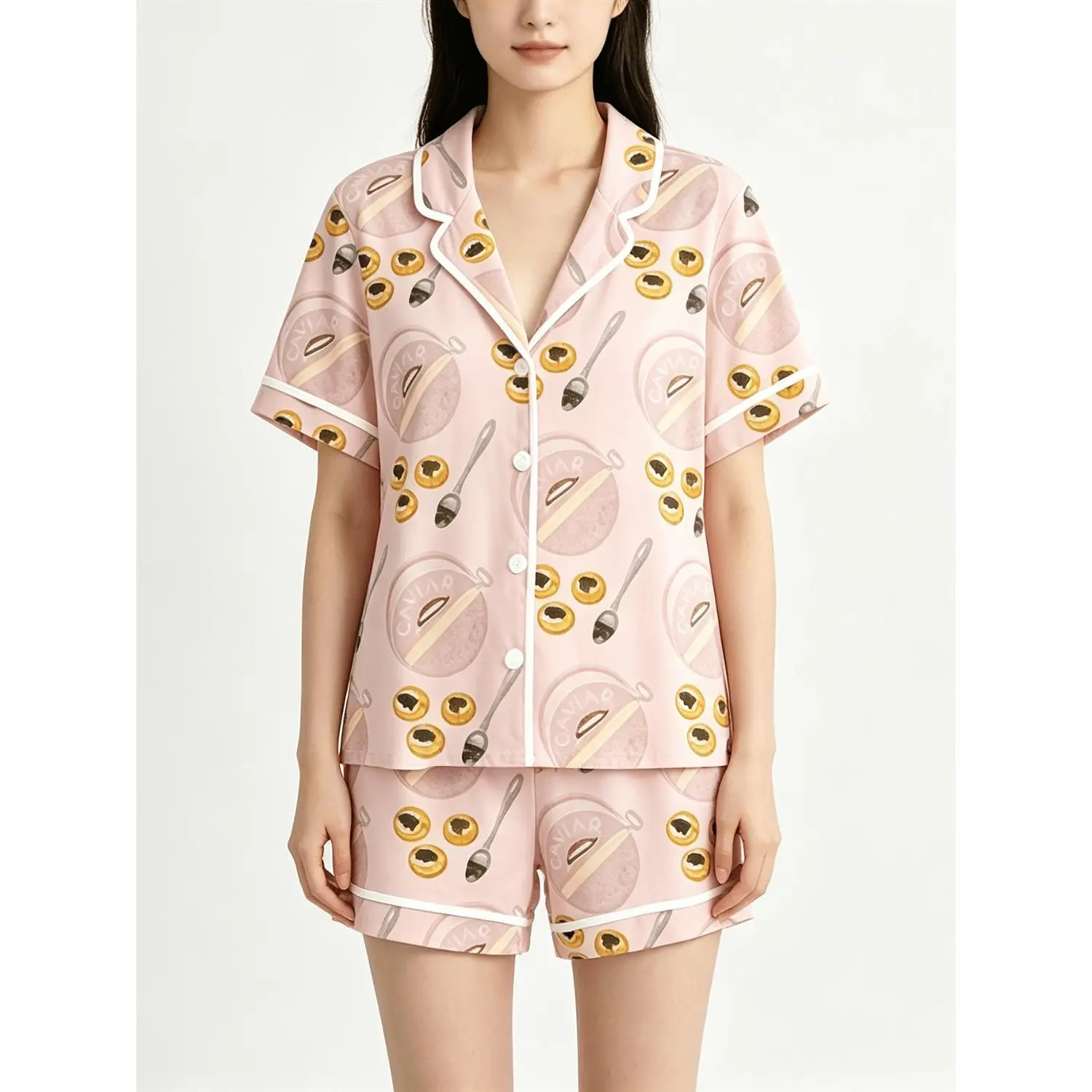 Teen Short-Sleeve Button-Up Shirt and Shorts Set with Whimsical Bowl, Spoon and Egg Print, Black, Gold, Pink and Blue Two-Piece Summer Lounge Set for Indoor and Outdoor Wear