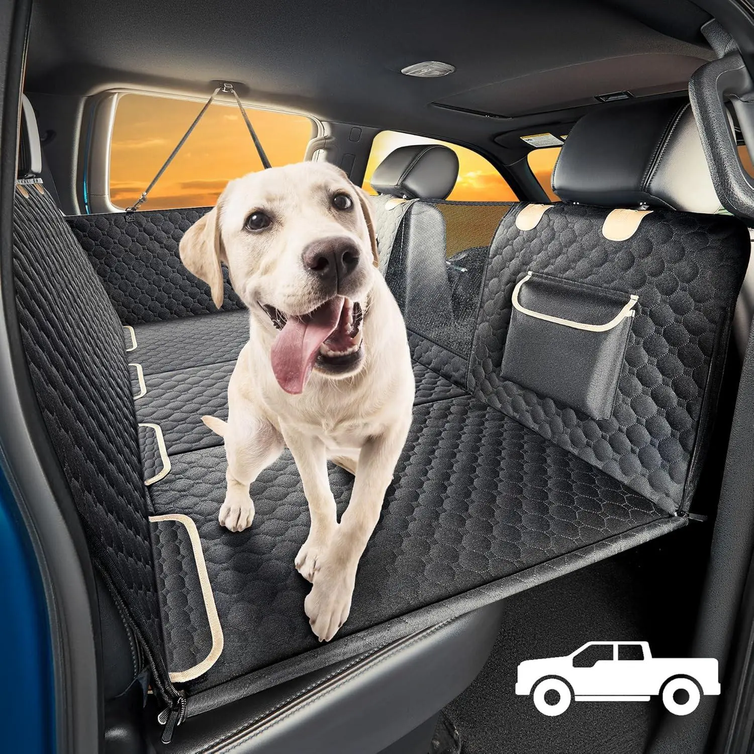 OILLASE XL Heavy Duty Zippered Vacuum Fabric Dog Back Seat Extender & Cargo Liner - Waterproof Hammock for Aggressive Chewers, Trucks (F150, Ram1500), Large SUVs, 70.1x59.7 Inches, Zipper, 9-Point Safety Assurance