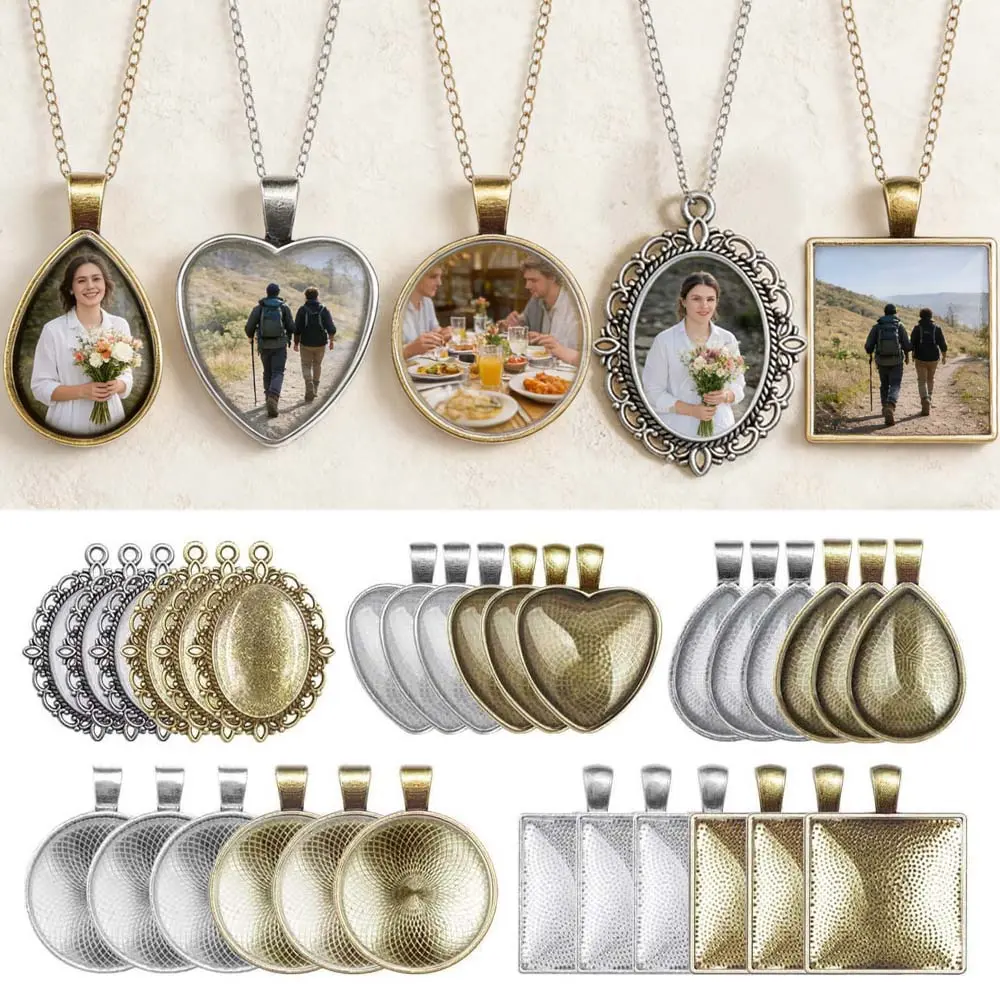 60Pcs Jewelry Making Kit - 30Pcs Pendant Trays, 30Pcs Elliptical Glass Cabochons, 5 Elegant Geometric Shapes, 1-Inch Universal Sizing, Silver-Bronze Finish for Necklaces, Bracelets (Suitable for All Skill Levels)