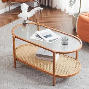 Karlhome 38" Glass Coffee Table, Oval Coffee Tables for Living Room, Small Coffe Table with 2-Tier Storage, Modern Center Table for Home Decor, Office, Small Space