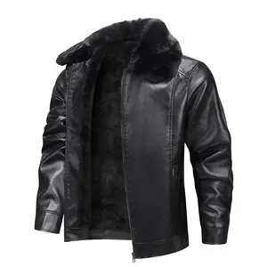 Men's Fleece-Lined Thick Leather Jacket with Fur Collar Windproof Waterproof Business Coat New Winter 2025 Model Turn-Down Collar Leather Jacket