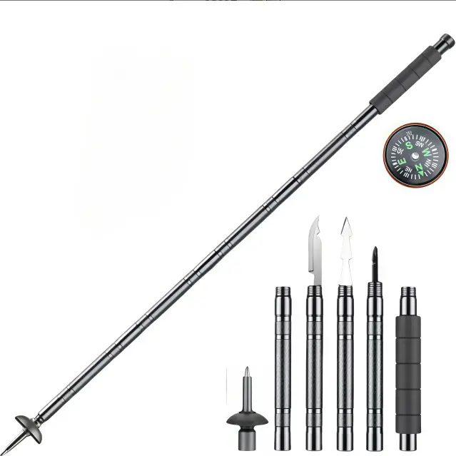 41.7" Modular Aluminum Tactical Hiking Stick – 5-Piece Walking Stick with Compass, Screwdriver & Whistle, Tungsten Tip, Carry Pouch for Trail, Travel & Everyday Walks