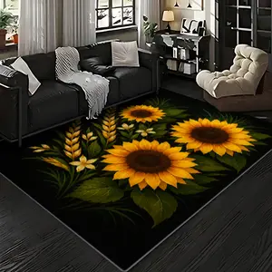 Velvet + Soft Comfort Modern Art Style Sunflower Plant Elements Pattern Printed Carpet, Home Decoration Carpet, Living Room Large Carpet Sofa Cushion Door Mat Coffee Table Mat Bedroom Carpet Bedside Carpet