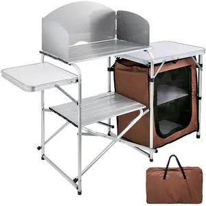 VEVOR Outdoor 2-Tier Kitchen with Zippered Bag, Portable Folding Cook Table for BBQ, Party and Camping, Brown