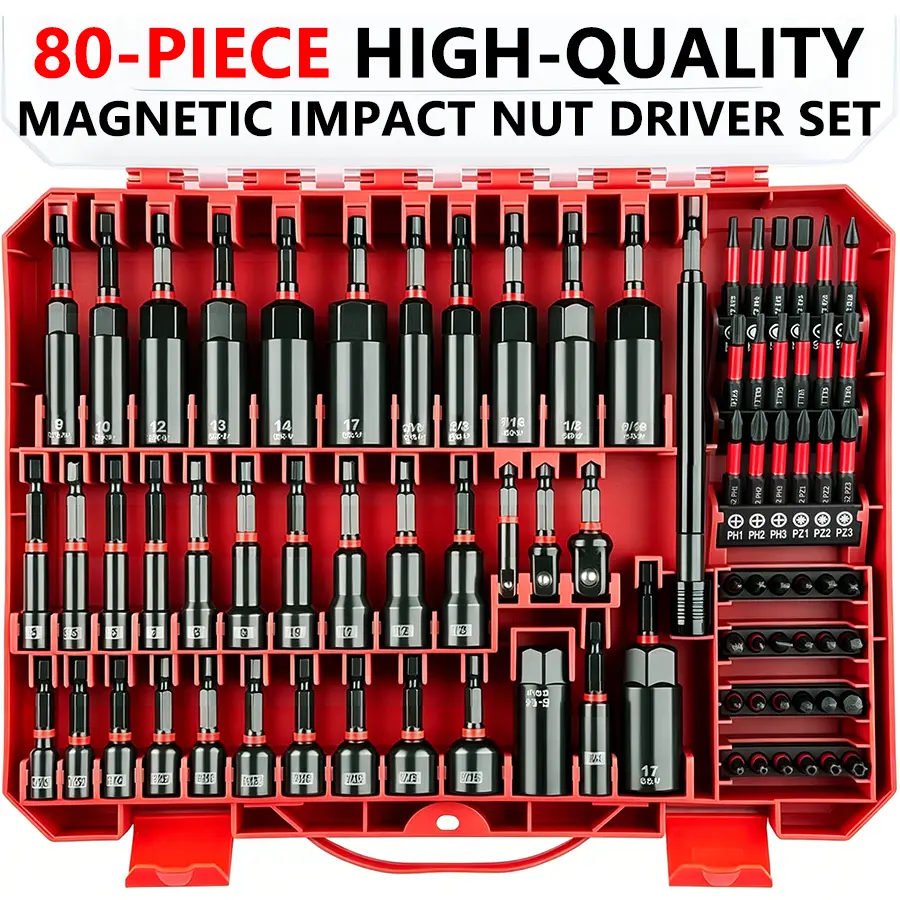 80 Piece Impact Magnetic Nut Driver Set, SAE and Metric, 3 Drive Sizes | Deep Hole Magnetic Socket Adapter, Wing Nut Driver Bit Extension Rod and Storage Box Included