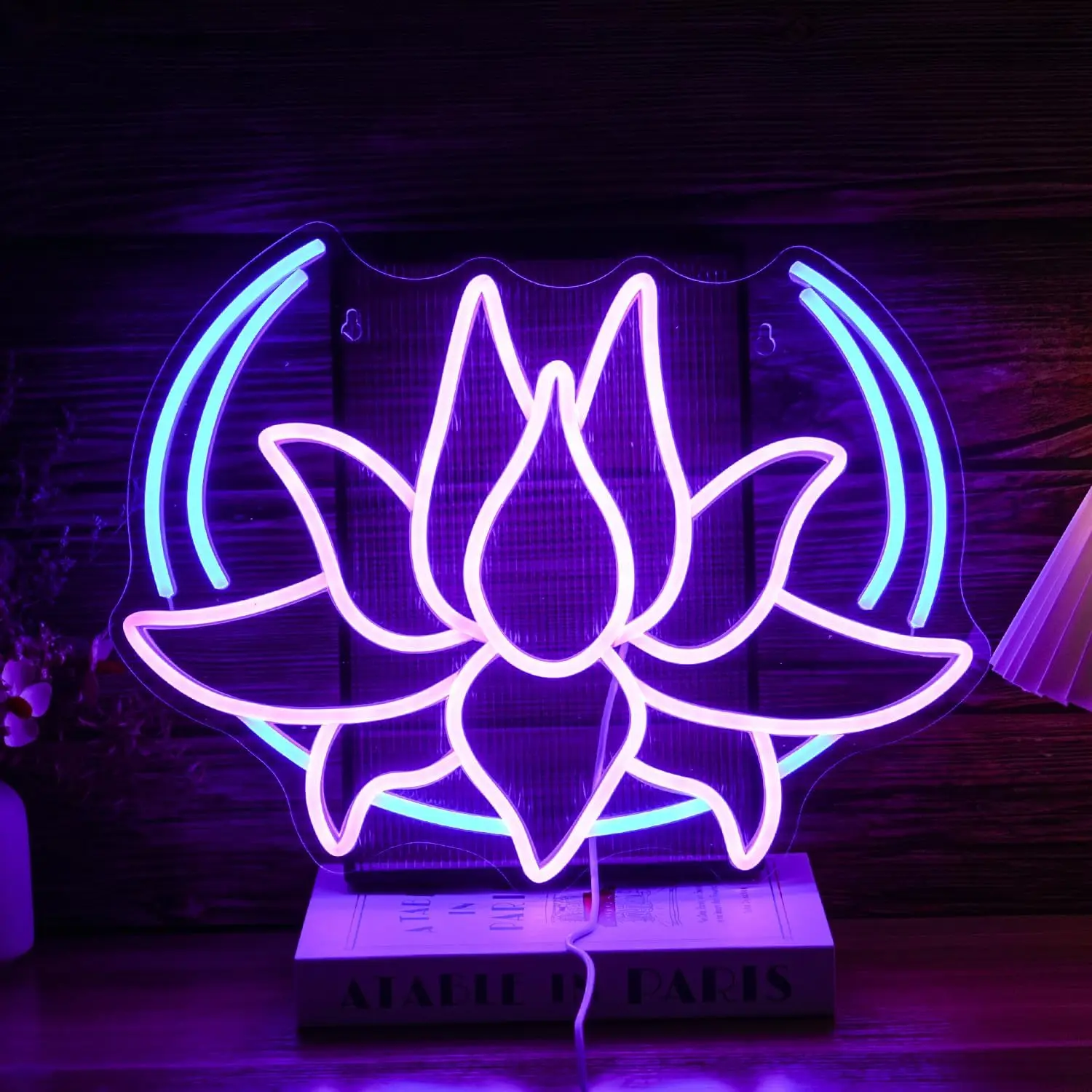 Moon Lotus Flower Neon Sign Dimmable Blue Moon Neon Light Sign for Wall Decor USB Power Purple Lotus Led Light Up Sign for Bedroom Yoga Room  Room Man Cave
