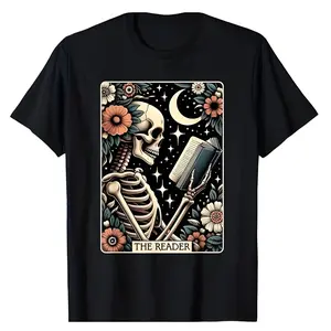 Women's Soft Oversized Casual Comfortable Everyday Shortsleeve Cotton Graphic T-Shirt - Unisex Round Neck, Skeleton Reader, Tarot, Floral, Moon, Witchy Vibes, Viral BookTok Teddy-Inspired Book Lover Vintage Print, Spring Summer Gift