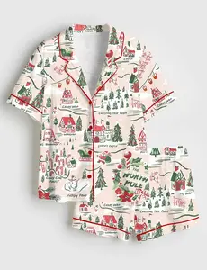 North Pole Village Map Christmas Retro Holiday Satin Pajama Set, Christmas Cute Santa Holiday Pjs, Print Short Sleeve Satin Pajama Set, Pajama Nightwear Set for Her Women