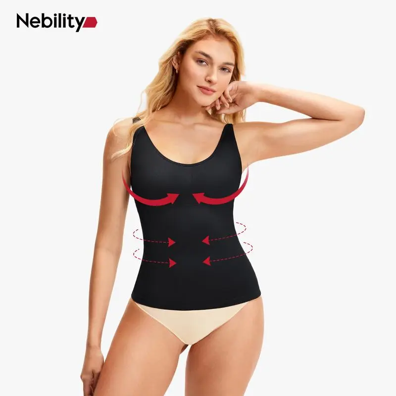 Nebility Women's Waist Trainer Shapewear, Compression Tank Top Corset with Wide Straps and Zip Closure for Body Contouring, S M L, Built-In Shapewear Tops, Body Shaper Shapewear Tops
