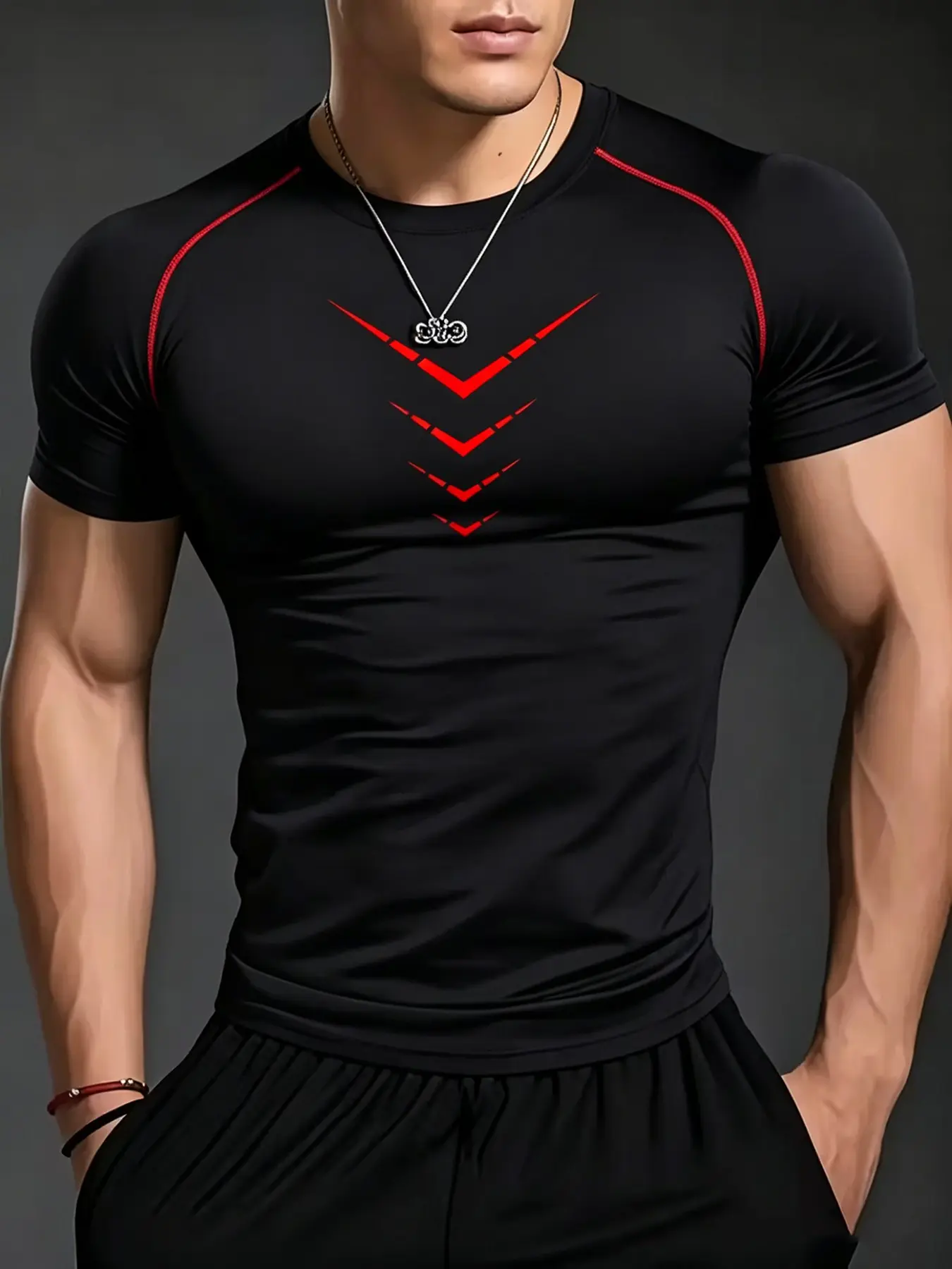 Streetwear Men's Athletic Compression T-Shirt Red Arrow Graphic Print Elastic Raglan Sleeve Quick Dry Gym Training Fitness Sport Top Athletic Tops