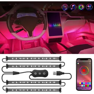Nilight 4PCS Plug & Play USB Car Interior Lighting, 48 LED Chips RGB Strip with Smart App Control, Music Sync Sound-Active Mode, 2-Line Design for Cars/Trucks