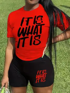 Women's 2 Counts Letter Print Co-ords Set, Casual Matching Set, Trendy Short Sleeve Tee & Skinny Shorts, Women's Summer Outfits for Daily Wear, Womenswear, Shortsleeve, Clothing Sets, Casual