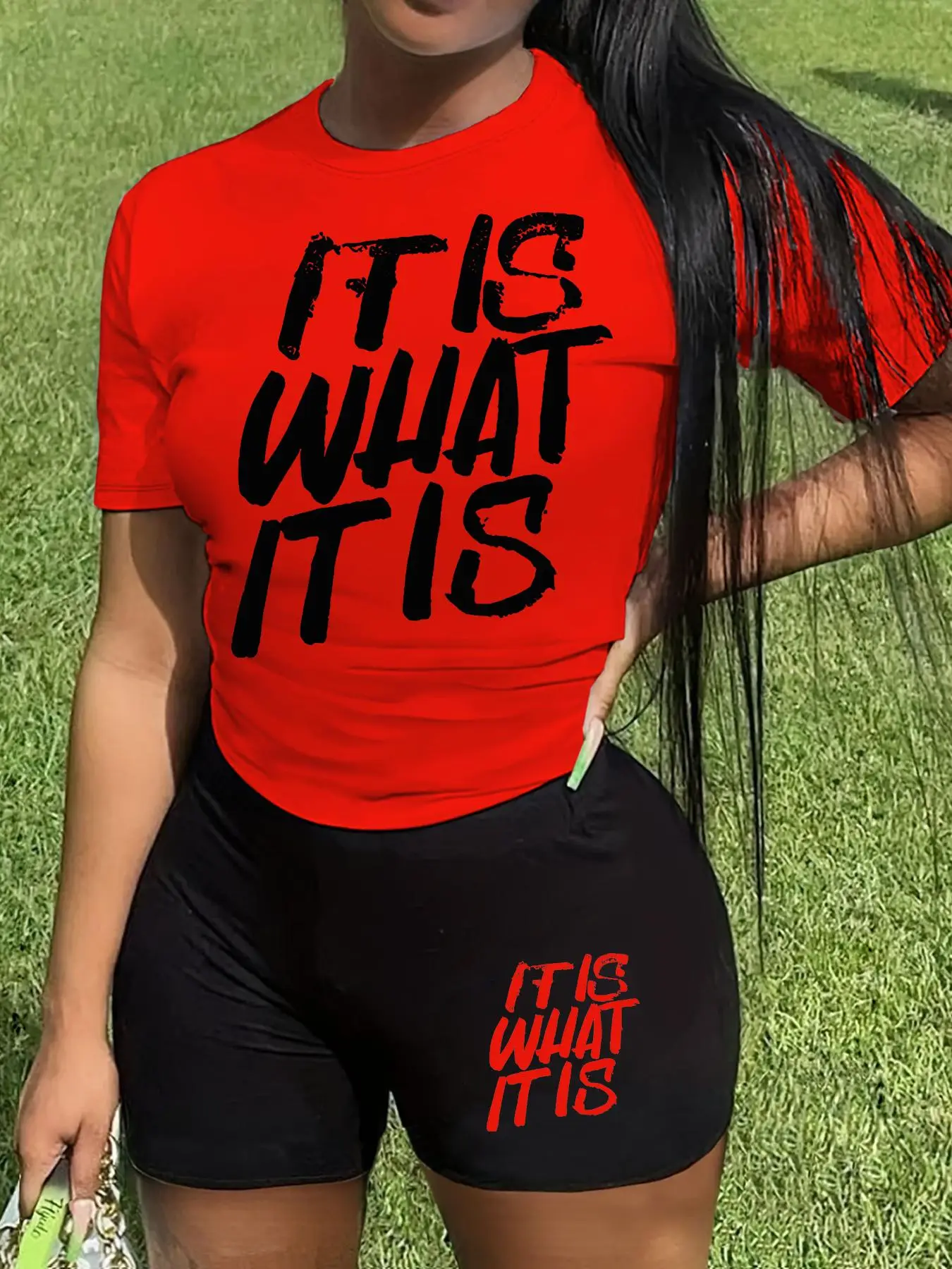 Women's 2 Counts Letter Print Co-ords Set, Trendy Short Sleeve Tee & Skinny Shorts, Women's Summer Outfits for Daily Wear, Womenswear, Shortsleeve