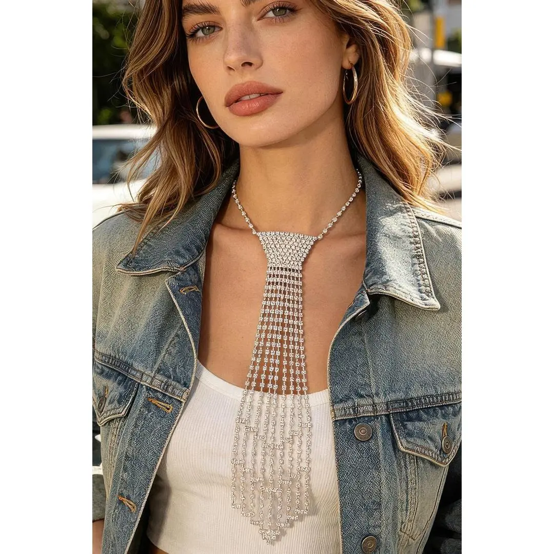 Elara Rhinestone Tie Drop Necklace, Crystal Fringe Choker with Necktie Silhouette Pendant, Statement Body Chain, Party Prom Night Out Gift for Women
