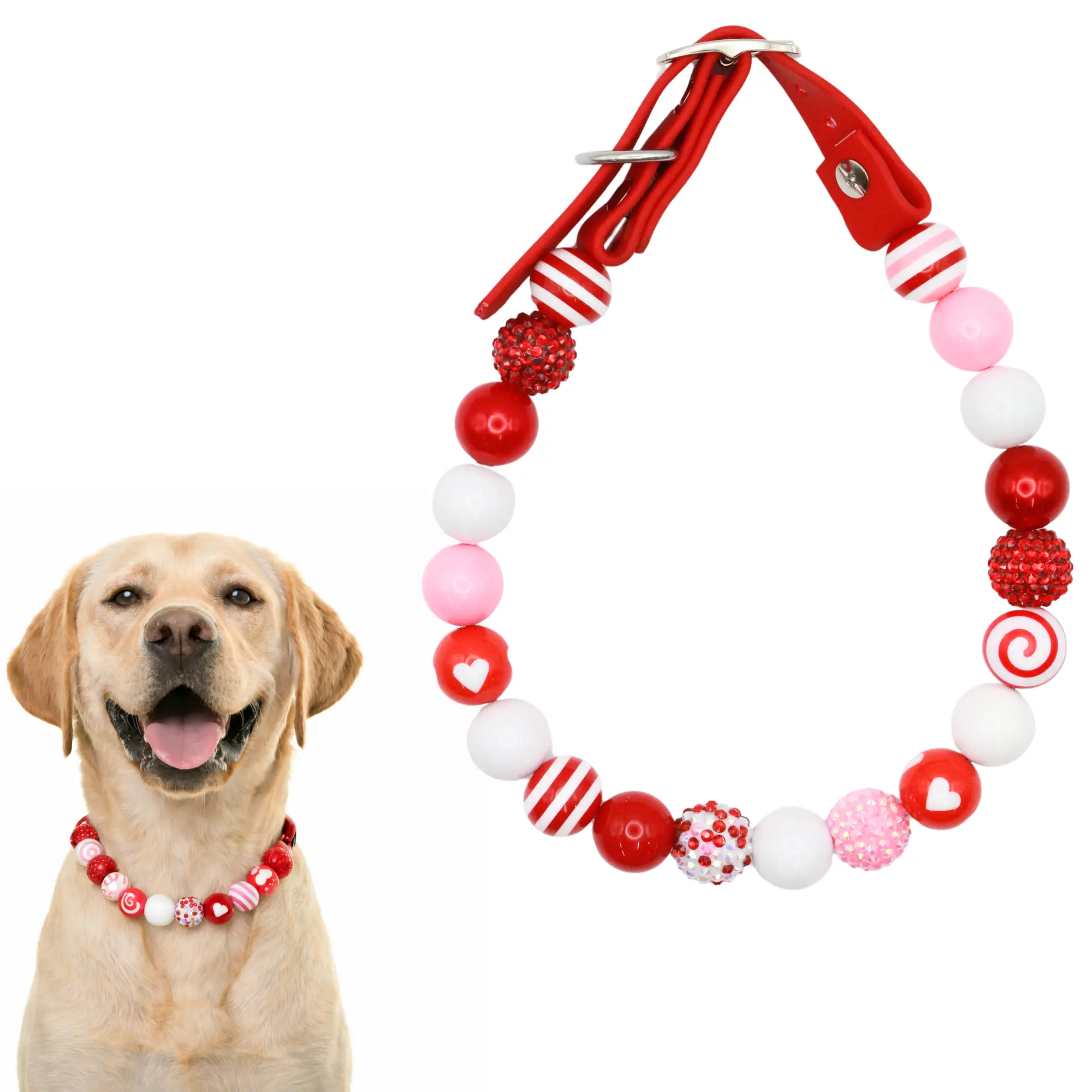 Anita's Stitches Red Valentines Day Beaded Dog Collar -Adjustable Waterproof & Handmade with Bubblegum Beads Perfect for Valentine's Day party
