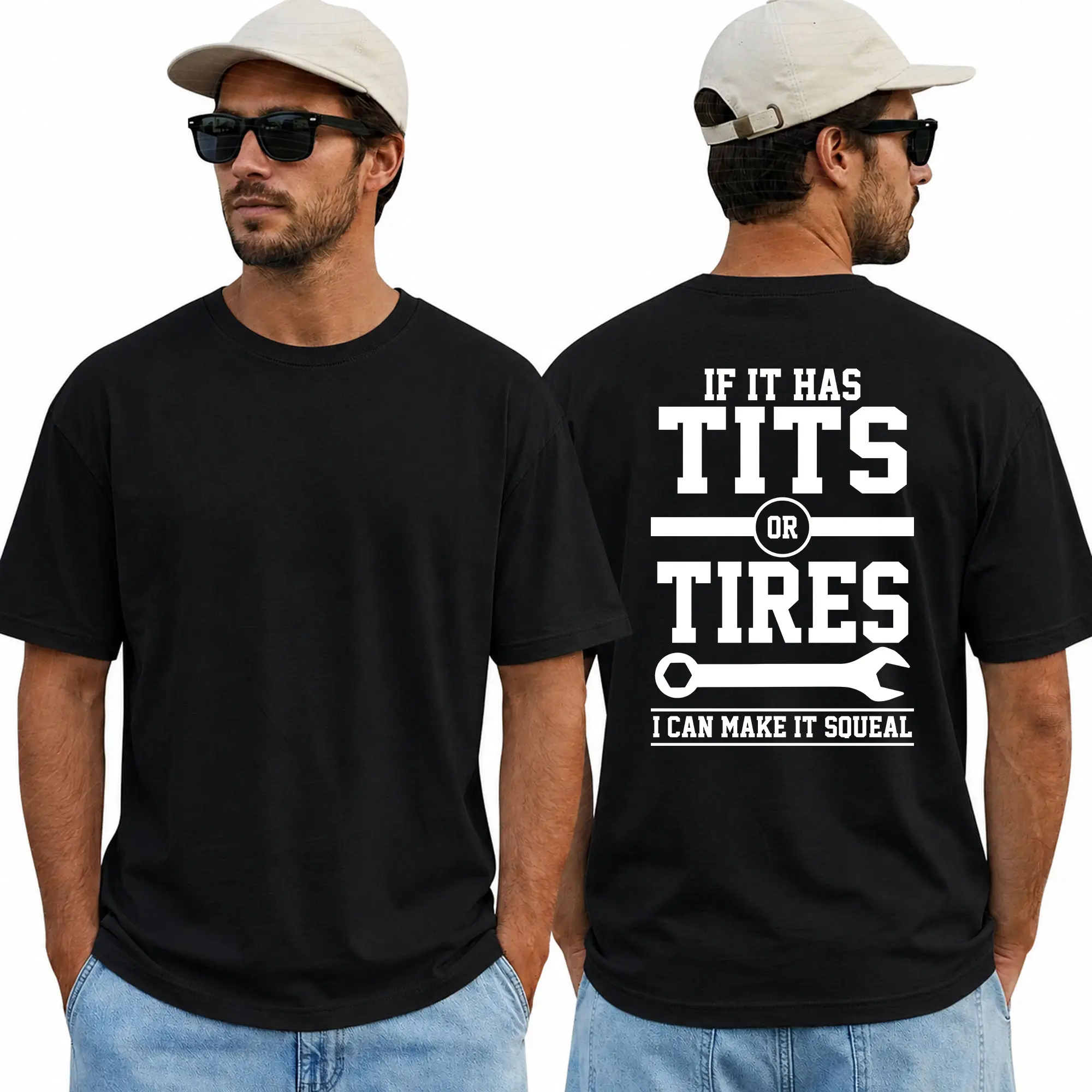 Funny If It Has Tits Or Tires I Can Make It Squeal T-Shirt for Men, Mechanic Garage Car Enthusiast Tee, Short Sleeve Printed Graphic Shirt, Unisex Graphic Tees, Funny Shirts, Daily Casual Cotton Menswear